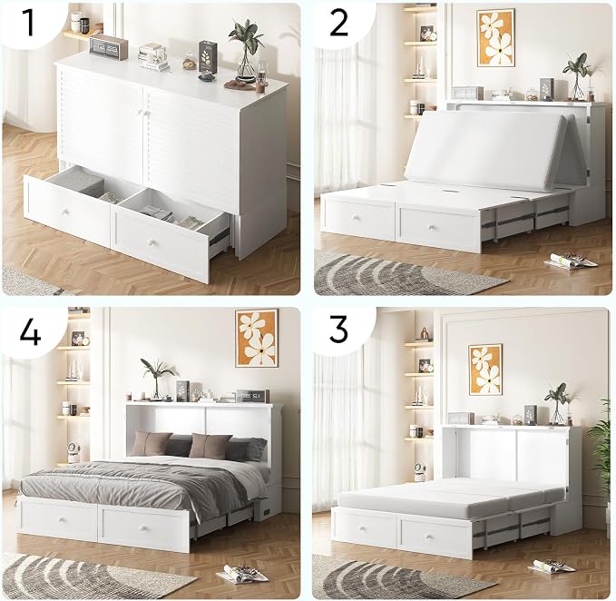 ijuicy Queen Cube Murphy Bed, Charge & Storage, Includes Mattress，White | Space-saving hideaway foldable design, practical temporary sleeping bed for guest room & small space use
