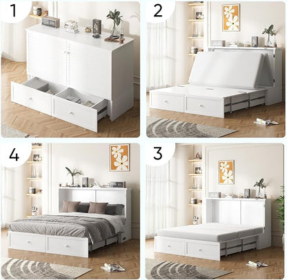 ijuicy Queen Cube Murphy Bed, Charge & Storage, Includes Mattress，White | Space-saving hideaway foldable design, practical temporary sleeping bed for guest room & small space use