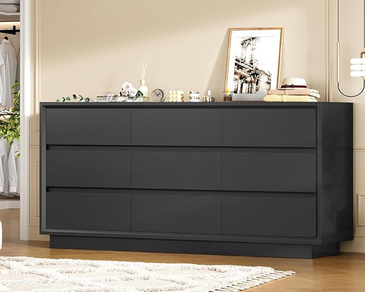 TEENFON 63" Dresser for Bedroom with 9 Drawers, Black Dresser with Metal Slide, Bedroom Dressers, Wood Dressers & Chests of Drawers for Bedroom, Hallway, Black