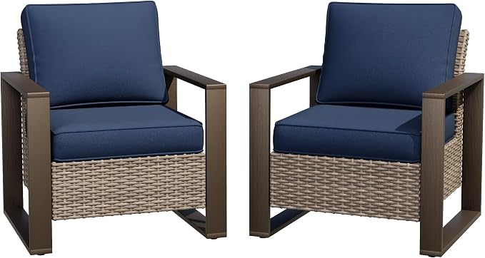 Joyside Outdoor Patio Chairs Set, 2 Pieces Wicker Rattan Chairs with Metal Wide Armrest, Thick Cushions and Deep Seating for Garden, Backyard, Porch, Deck