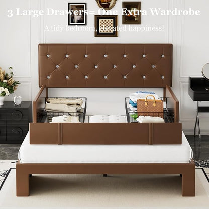 VECELO Full Size Bed Frame with 3 Storage Drawers, Leather Upholstered with Diamond Tufted Headboard, Solid Wood Slat Support & Steel Framework, PU & Brown