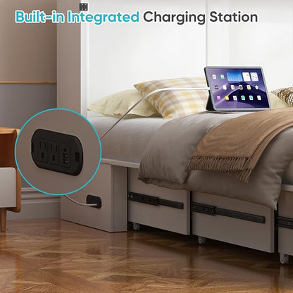 CECER Queen Murphy Bed with Mattress，Space Saving and Easy Assemble-White | Built-in Multi-Port Charging Station ＆ Large Storage Drawer，Sturdy frame ＆ Easy to Move Track