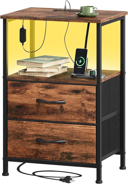 Somdot 2 Drawers Nightstand with Charging Station and LED Light for Bedroom, Small Dresser with Fabric Bins for Bedside Kids Dorm Room Closet Laundry Entryway, Wood Grain Print