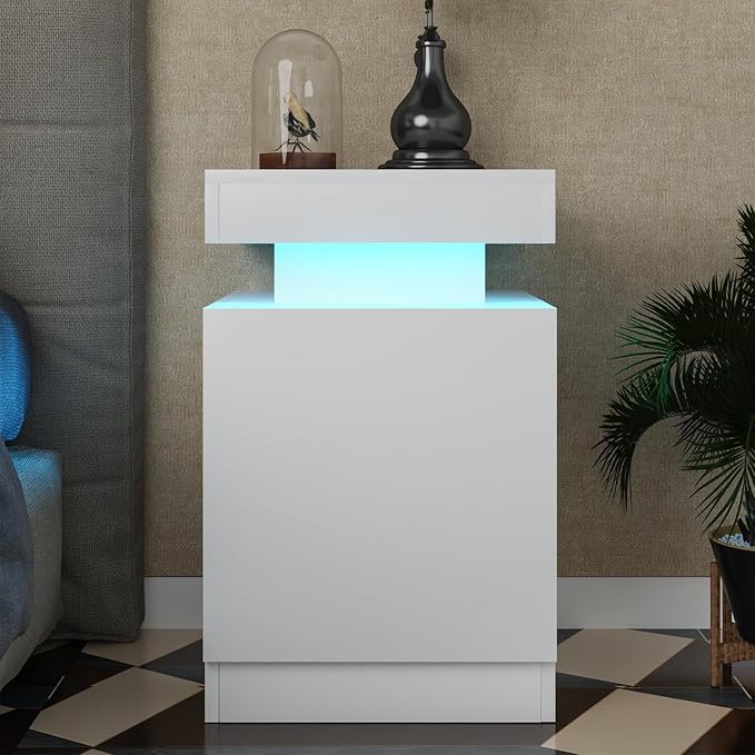 MXV Nightstand Set of 2 with LED Lights,Night Stand with Storage Cabinet for Bedroom,Bedside Table with LED (White, 15IN)