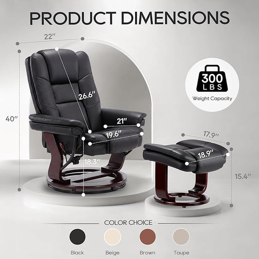 Swivel Recliner Chair with Ottoman Reclining Lounge Sofa Footrest, Set of 2 | 360°Sturdy Wood Base, Soft PU Leather, Upholstered Ultra-Plush Foam, Modern Armchair, Living Room Bedroom Office Reading Home