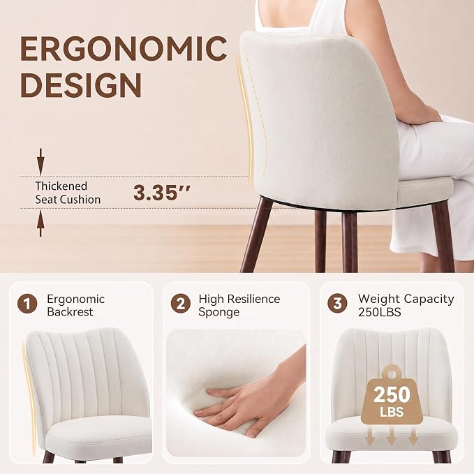 Upholstered Dining Chairs Set of 2, Modern Fabric Dining Chairs with Curved Backrest & Solid Rubber Wood Legs, Padded Kitchen Dining Room Chairs for Restaurant Cafe, Beige