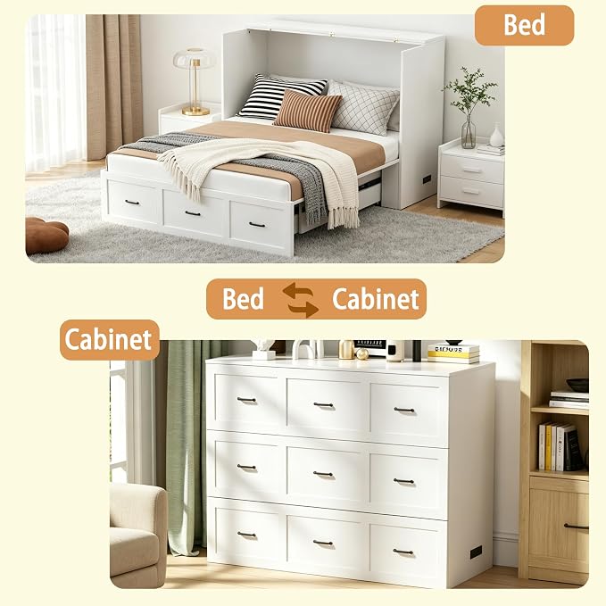 Full Size Murphy Bed with Storage & Charging Station – Farmhouse Cabinet Bed, Space Saving & Noise-Free Wall Bed for Guest Bedroom, Living Room, Office, White