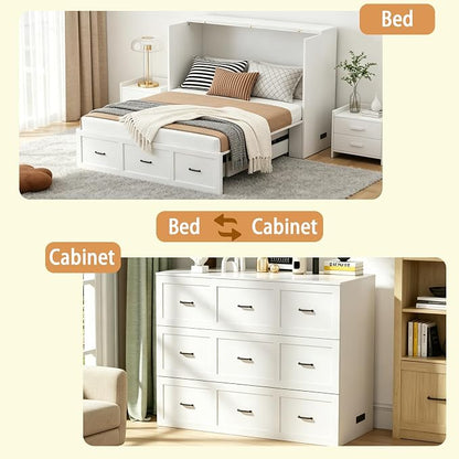 Full Size Murphy Bed with Storage & Charging Station – Farmhouse Cabinet Bed, Space Saving & Noise-Free Wall Bed for Guest Bedroom, Living Room, Office, White