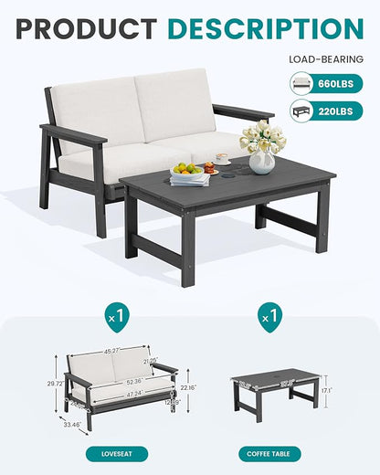 SERWALL Outdoor Loveseat, All-Weather HDPE Outdoor Furniture Set, Grey Frame and Khaki Cushion