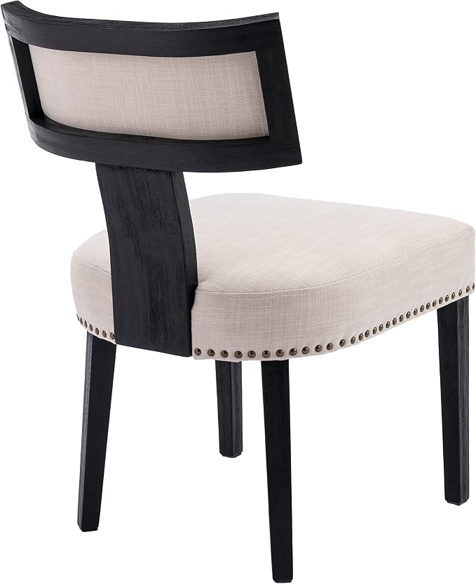 RIVOVA Mid Century Modern Dining Chairs Set of 2 Linen Fabric Upholstered Kitchen Side Chairs with Nailhead Trim, Modern Kitchen Armless Solid Wood Dining Chairs, Beige