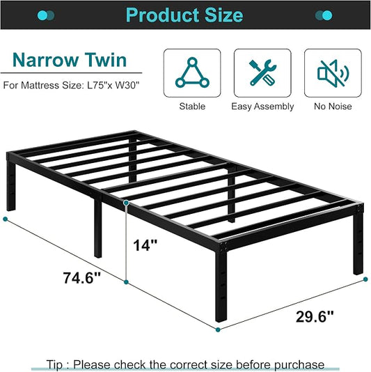 Maenizi Heavy Duty Narrow Twin Bed Frame No Box Spring Needed, 14 Inch Metal Platform Narrow Twin Bed Easy Assembly, Noise Free, 30x75 Inch, Black