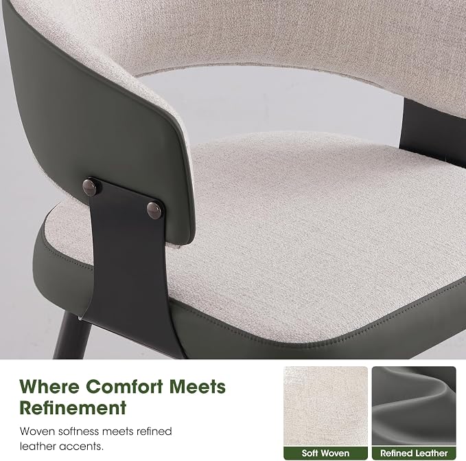 Dining Chairs Set of 4, Modern Upholstered Kitchen & Dining Room Chairs with Breathable Woven Fabric and Faux Leather Accents, Curved Open Back & Metal Legs (Beige Woven, Set of 4)