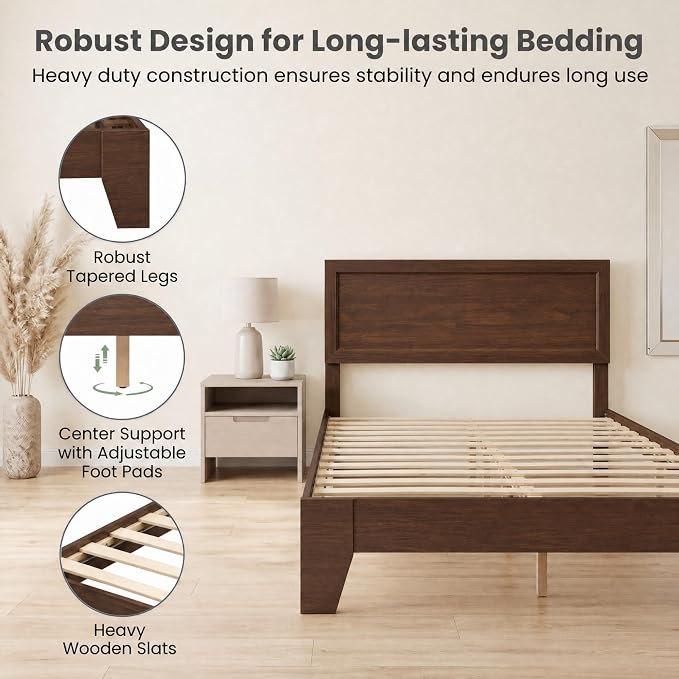 Giantex Queen Size Wooden Bed Frame with Headboard, Wood Slat Support | Modern Platform Bed with Heavy Duty Mattress Foundation, Under-Bed Storage, No Box Spring Needed, Easy Assembly (Walnut)