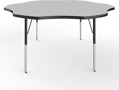 FDP Flower Activity School and Office Table (60 inch), Standard Legs with Swivel Glides for Collaborative Seating Environments, Adjustable Height 19-30 inches - Gray Top and Black Edge