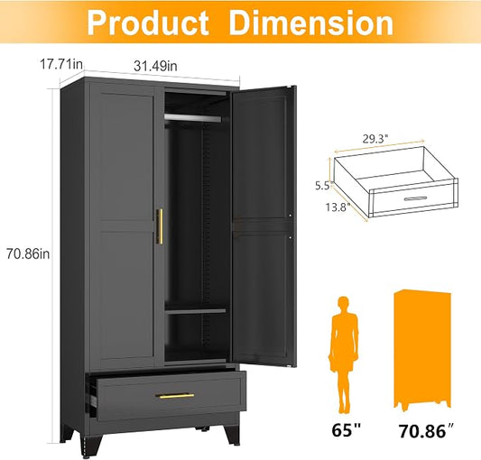 Ckzbx 71" H Metal Armoire Wardrobe Closet with Drawer, Adjustable Shelf, Clothes Drying Pole, Clothes Storage Closet for Bedroom (Black)