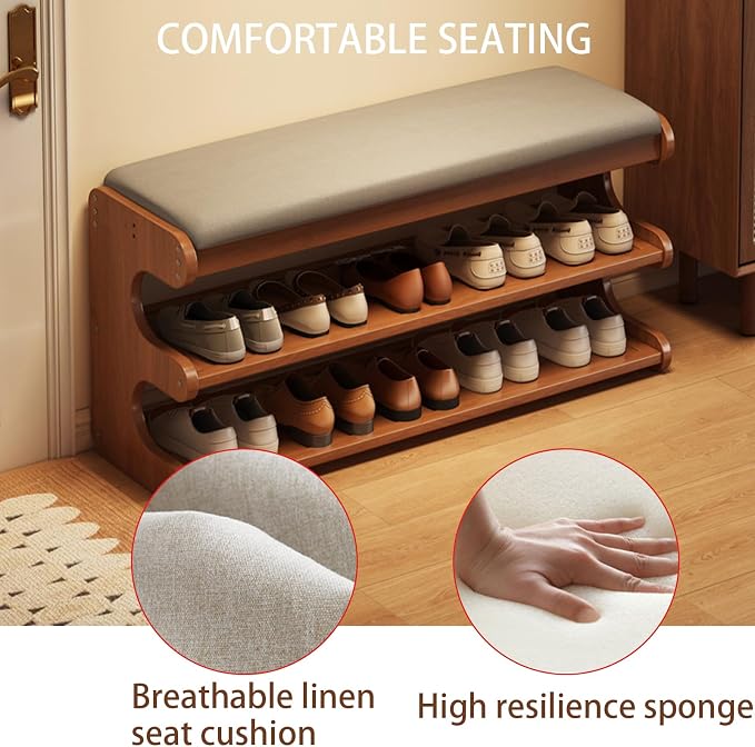 Shoe Rack Bench with Flip-Top Storage 3 Tiers Bamboo Entryway Bench Organizer with Linen Cushion for Hallway, Mudroom, Closet, Front Door Entrance, Foyer Walnut 100cm/39.37in