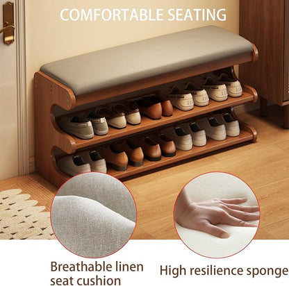 Shoe Rack Bench with Flip-Top Storage 3 Tiers Bamboo Entryway Bench Organizer with Linen Cushion for Hallway, Mudroom, Closet, Front Door Entrance, Foyer Walnut 60cm/23.62in