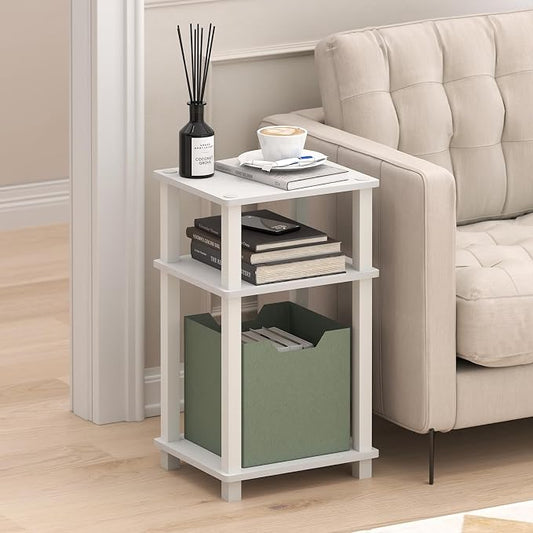 Furinno JUST Side Table, 3-Tier Open Shelf End Table, Toolless Assembly Night Stand, Bedside Table with Square Tube, for Living Room, Bedroom, White