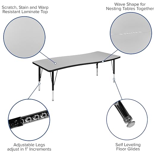 EMMA + OLIVER 26" W x 60" L Rectangular Wave Flexible Collaborative Grey Kids Adjustable Activity Table