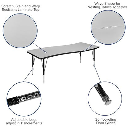 EMMA + OLIVER 26" W x 60" L Rectangular Wave Flexible Collaborative Grey Kids Adjustable Activity Table