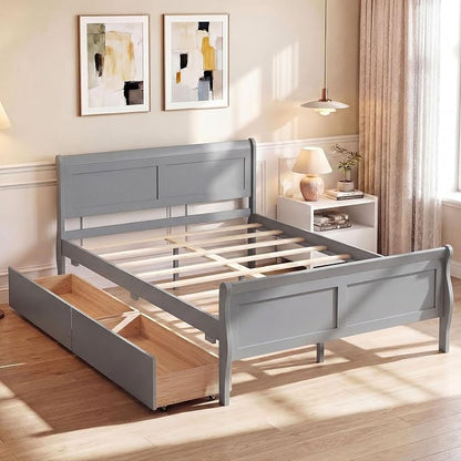 Giantex Full Bed Frame with 2 Storage Drawers, Wood Platform Bed with Headboard & Footboard, Wooden Slats Support Mattress Foundation, Sleigh Bedframe for Teens Adults, No Box Spring Needed (Grey)