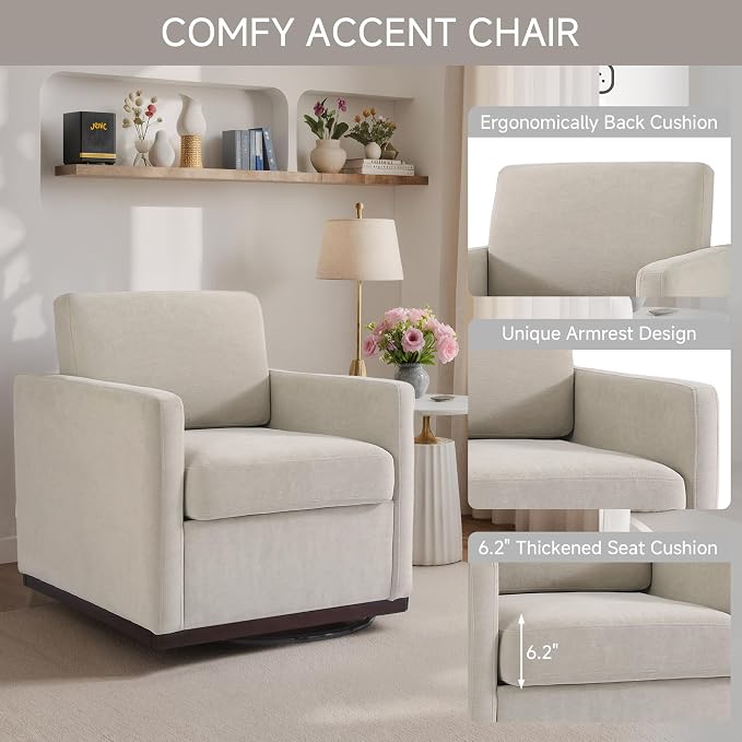360° Swivel Accent Chairs Set of 2, 31" Wide Upholstered Club Armchairs for Living Room, Comfy Square Swivel Barrel Chair with Metal Base, Chenille Fabric, Light Sand