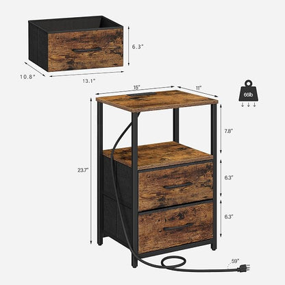 TUTOTAK End Table with Charging Station, Night Stand, Side Table with 2 USB Ports and Outlets, Nightstand with Cloth Drawer, Bedside Table for Livingroom, Bedroom Brown TB01BB088