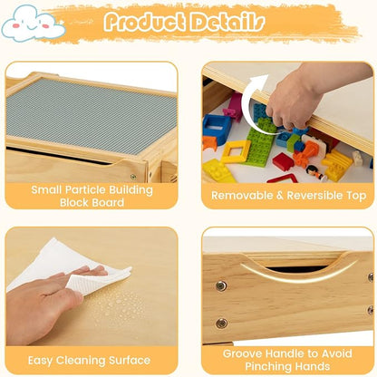 HONEY JOY Kids Table, 2 in 1 Toddler Wooden Activity Table with Paper Roll, Convertible Building Block Tabletop, 3 Storage Compartments, Children Furniture Set for Daycare, Playroom, Natural