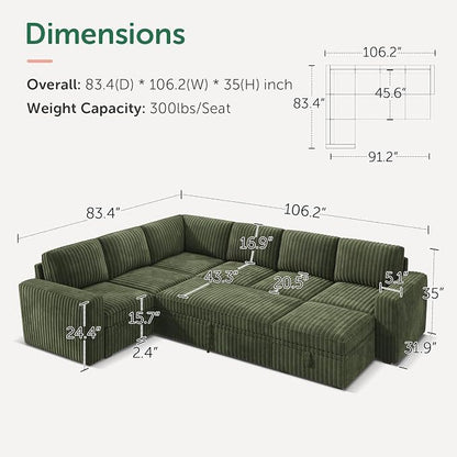 HONBAY Modular Sectional Sleeper Sofa with Pull Out Bed,Corduroy U Shaped Couch with Storage, Sectional Couches for Living Room,Green
