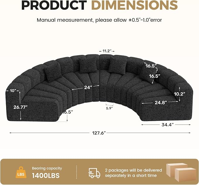 Oversized Curved Sofa, 4 Seater Modular Velvet Cloud Couch, Modern Boneless Sectional Couches for Living Room, No Assembly Required, Black 1PC