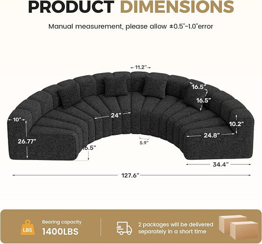 Oversized Curved Sofa, 4 Seater Modular Velvet Cloud Couch, Modern Boneless Sectional Couches for Living Room, No Assembly Required, Black 1PC