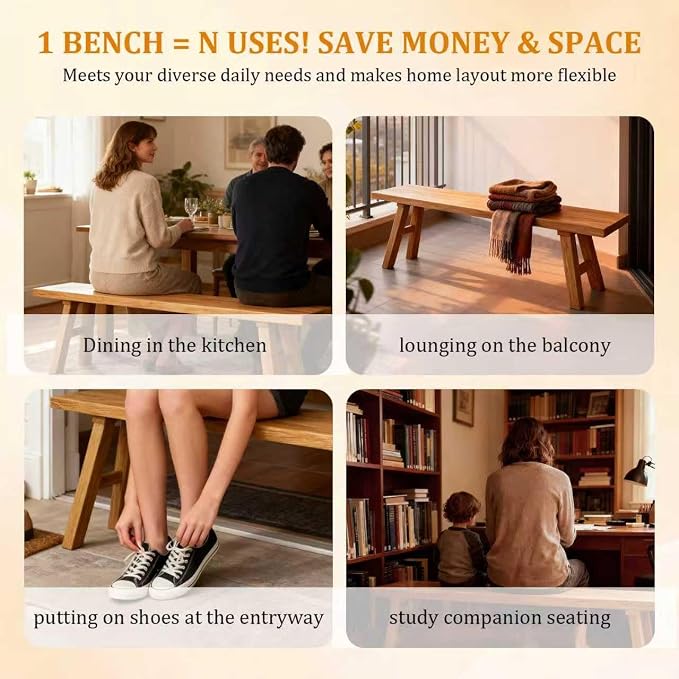 Solid Wood Entryway Bench - 39.3" Rustic Farmhouse Dining Bench for Hallway, Bedroom, Kitchen - Natural Elm Wood Finish