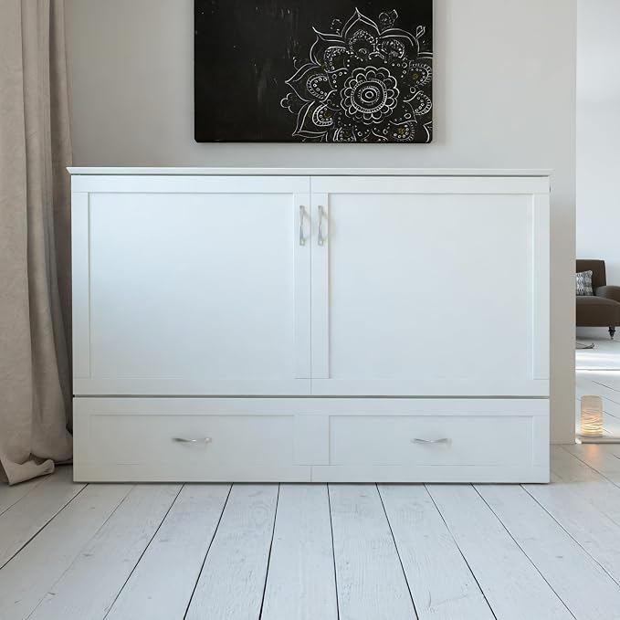 AFI Hamilton Queen Murphy Bed Chest with Mattress, Storage, and Built-in Charger in White