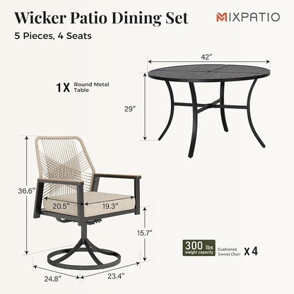 MIXPATIO 5 Pieces Outdoor Patio Dining Set, 42" Round Metal Table with Umbrella Hole, 4 x Swivel Rope Rattan Chairs with 3.2" Cushion for Yard, Porch, Beige