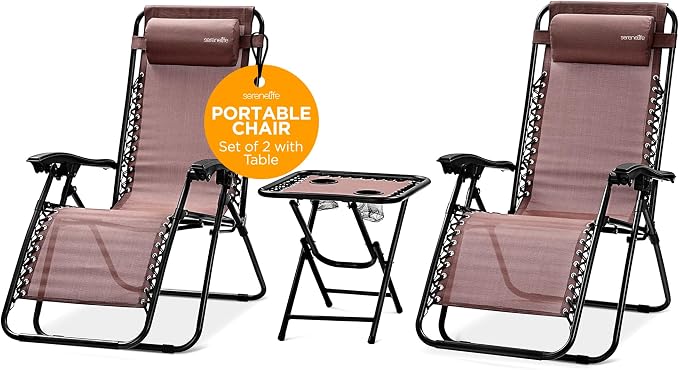 SereneLife 2 Pack Zero Gravity Recliner Chairs with Table, Brown | Lockable recline, padded headrests and cup holder table provide comfortable outdoor seating for patios and camping
