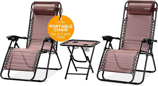 SereneLife 2 Pack Zero Gravity Recliner Chairs with Table, Brown | Lockable recline, padded headrests and cup holder table provide comfortable outdoor seating for patios and camping