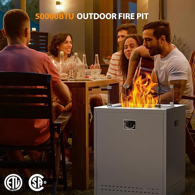 Electactic 19" Square Smokeless Propane Fire Pit Table, 50,000 BTU Portable Outdoor Patio Heater with Lava Rocks, Glass Wind Guard & Cover for Deck, Backyard, Garden, Camping (Black)