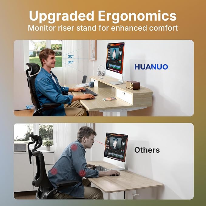 HUANUO 40" X 24" Electric Standing Desk with 2 Drawers, C-Clamp Mount Compatible, Height Adjustable Computer Desk, Home Office Stand Up Desk with 4 Preset Heights & 2 Hooks, Light Walnut