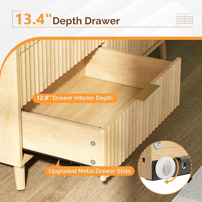 VINGLI Fluted Dresser Led, 6 Drawer Dresser for Bedroom, Light Wood Bedroom Dressers Oak, 47" W*15.75" D*33" H