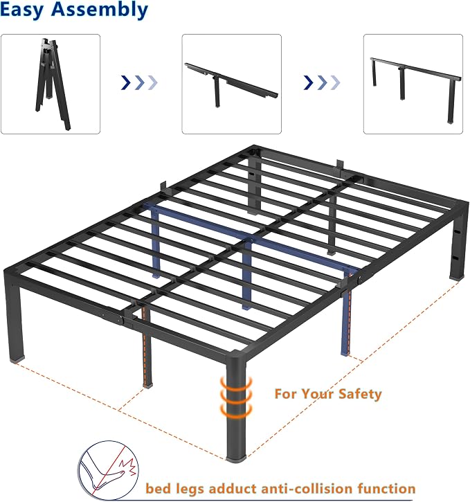 yookare Queen Platform Bed Frame,18" Heavy Duty Metal Mattress Foundation, Rounded Safety Corners & Recessed Legs,Mattress Retainers,Easy Assembly,Noise Free Steel Slat Support,No Box Spring Needed
