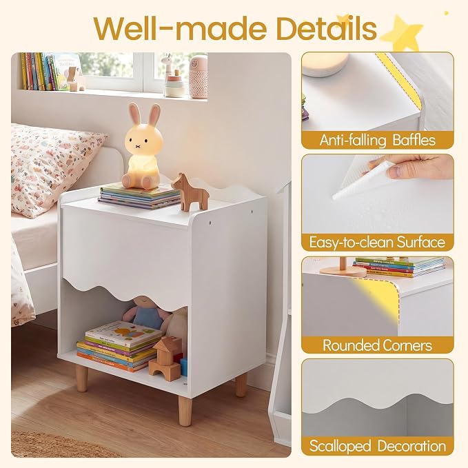 Costzon Nightstand, Kids Scalloped Side Table w/Wide Top, Large Storage Compartment & Solid Rubber Wood Legs, Wooden End Table for Children's Play Room, Bedroom, Living Room (White)