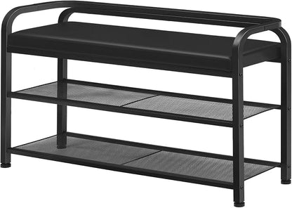 YATINEY Shoe Bench with Backrest, Entryway Bench, 2-Tier Shoe Rack with PU Padded Seat, Upholstered Shoe Storage Bench with Back, for Hallway, Entryway, Foyer, Bedroom, Black HX14BB