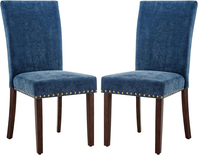 COLAMY Upholstered Parsons Dining Chairs Set of 2, Fabric Dining Room Kitchen Side Chair with Nailhead Trim and Wood Legs - Dark Blue