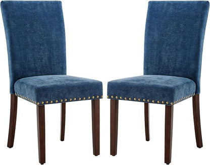 COLAMY Upholstered Parsons Dining Chairs Set of 2, Fabric Dining Room Kitchen Side Chair with Nailhead Trim and Wood Legs - Dark Blue