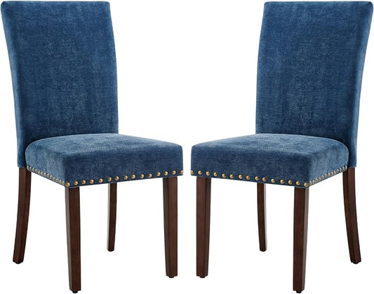 COLAMY Upholstered Parsons Dining Chairs Set of 2, Fabric Dining Room Kitchen Side Chair with Nailhead Trim and Wood Legs - Dark Blue