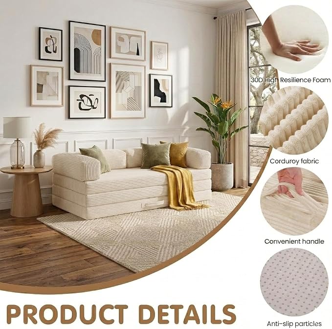 Convertible Sofa Bed King,5-in-1 Folding Boneless Couch Corduroy Futon Sofa Bed,Tri-Fold Mattress with Removable Armrests & Handle,Sleeper with Pull Out Bed for Small Space Living Room Bedroom