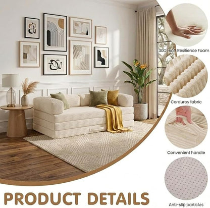 Convertible Sofa Bed King,5-in-1 Folding Boneless Couch Corduroy Futon Sofa Bed,Tri-Fold Mattress with Removable Armrests & Handle,Sleeper with Pull Out Bed for Small Space Living Room Bedroom
