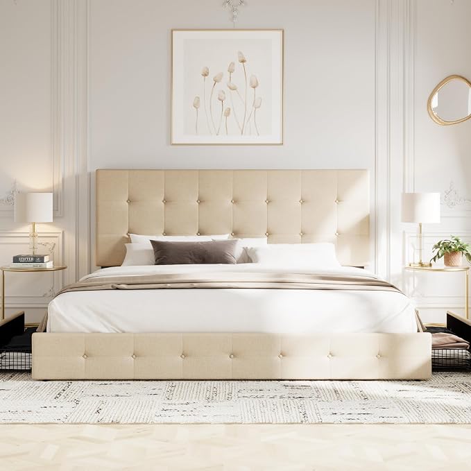 Allewie Upholstered King Size Platform Bed Frame with 4 Storage Drawers and Headboard, Square Stitched Button Tufted, Mattress Foundation with Wooden Slats Support, No Box Spring Needed, Beige
