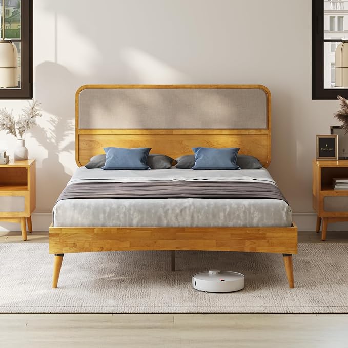 Bme Calista Queen Size Bed Frame – Solid Wood Platform Bed with Upholstered Headboard, Teak Brown Finish, Mid-Century Modern Style with Sturdy Slats & Tapered Legs, No Box Spring Needed