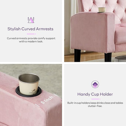 TYBOATLE Mid-Century Modern Tufted Pink Velvet Loveseat Sofa Set w/ 2 USB & 2 Cupholders, 3 Piece Living Room Furniture Sets, Small Love Seat Couches for Small Space Apartment Bedroom Office